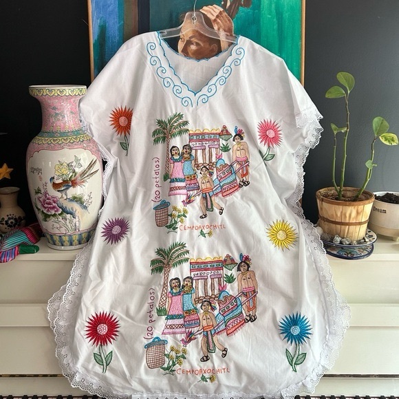 Vintage Dresses & Skirts - Vintage Mexican Day Of The Dead Maxi Dress with Colorful Embroidery Free Size